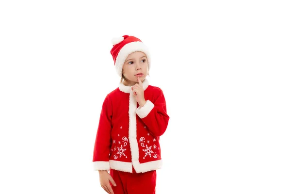 Красивий Хлопчик Стоїть Білому Тлі Одязі Санта Клауса Задумливим Відокремлені — стокове фото