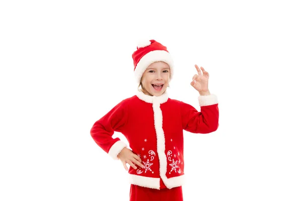 Lindo Niño Vestido Con Traje Rojo Santa Claus Sonriendo Ampliamente —  Fotos de Stock