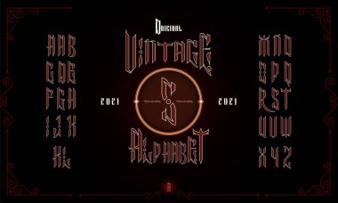 Klasik dekoratif, gotik yazı tipi. Eski tarzda harf dizaynı. Alkol etiketleri, logolar, metal gruplarının albüm başlıkları için mükemmel..