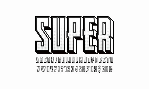 Fonte de estilo super herói monocromático, letras do alfabeto e números. Letras com textura de meio-tom. — Vetor de Stock