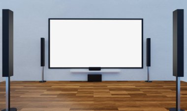 Ev sineması beyaz alçı duvarda. Mini Ev Tiyatrosu için büyük ekran televizyon ve ses ekipmanları kullanılıyor. 3B Hazırlama.