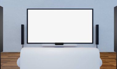 Ev sineması beyaz alçı duvarda. Mini Ev Tiyatrosu için büyük ekran televizyon ve ses ekipmanları kullanılıyor. 3B Hazırlama.
