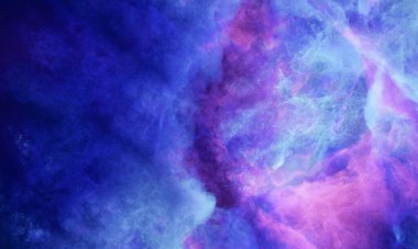 Aerosol bulutları, uzay sisi veya kozmik ışınlar, pembe, pastel mavisi, birçok yıldızlı uzay gökyüzü. Evreni dolaş. 3B Hazırlama