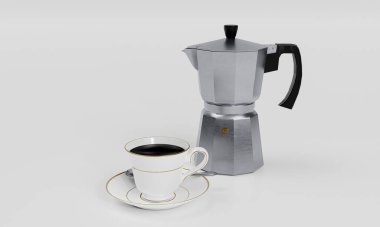 Sade kahve, beyaz inci seramik bardakta, altın çerçeveli. Mokapot kahve demliği beyaz zeminde ve arka planda. 3d Hazırlama