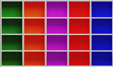 Çok renkli ahşap dolap ya da kutu. Ayakkabı rafı ya da vitrin. 3B Hazırlama.