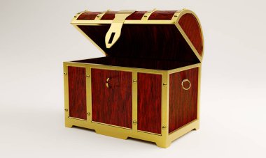 Hazine sandığı ya da kırmızı boyanmış ahşap ve altın metalden yapılmış retro hazine kutusu. Beyaz zemine ve arka plana yerleştirilmiş. 3B Hazırlama.