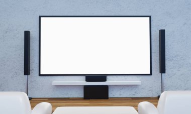 Ev sineması beyaz alçı duvarda. Mini Ev Tiyatrosu için büyük ekran televizyon ve ses ekipmanları kullanılıyor. Ahşap zeminde beyaz kanepe ve masa. 3B Hazırlama.