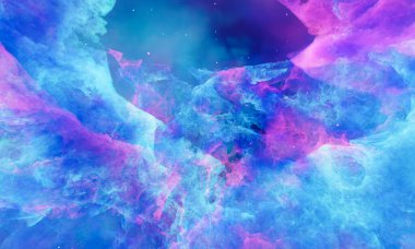 Aerosol bulutları, uzay sisi veya kozmik ışınlar, pembe, pastel mavisi, birçok yıldızlı uzay gökyüzü. Evreni dolaş. 3B Hazırlama