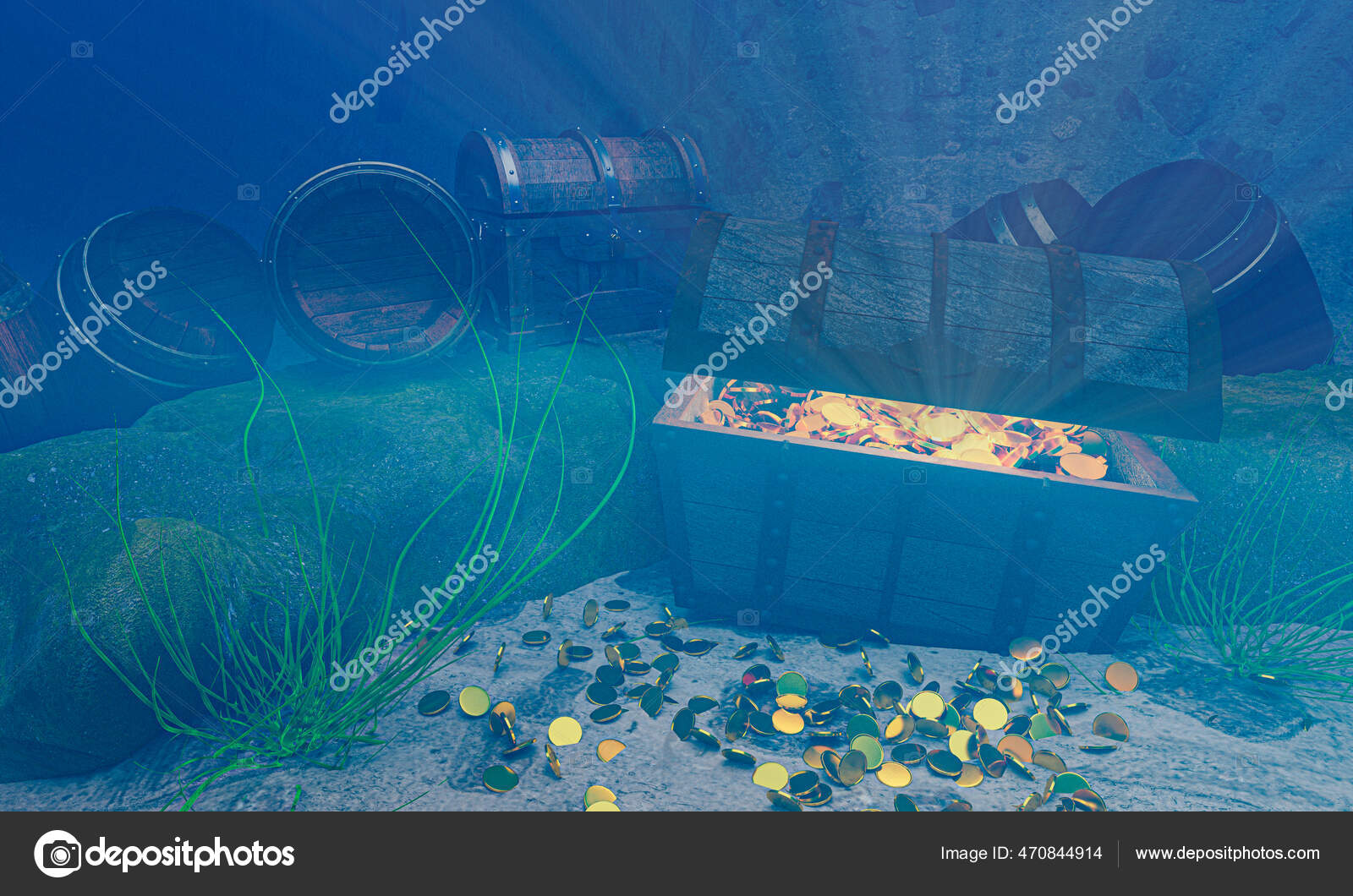 Old Treasure Chest Sunk Sea Light Shone Out Treasure Chest — Stock ...