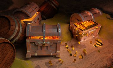 Kadim ve antika hazine sandığında altın sikkeler ve altın metal ve altın raptiyelerle güçlendirilmiş ahşap panellerden yapılmış hazine sandıkları bir mağarada ya da su altında bir hazine sandığında kumlara yerleştirilmiş hazine kutuları. 3d Hazırlama