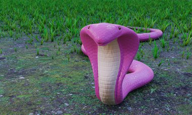 Pembe kobra kaputu açıyor. Saldırıya hazırlanmak için kaldırın. Yerde sürünen bir yılan var, otlar büyümüş. Zehirli sürüngenler dünya için tehlikelidir. 3B Hazırlama