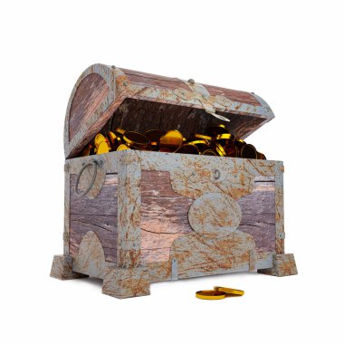 Kırık eski korsan hazine sandığında altın sikkeler. Çürümüş ve kırılmış. Kırık ahşaptan ve paslı metal dokudan yapılmış, beyaz arka planda ve 3D duvar kağıdında izole edilmiş değerli eşyaları depolamak..