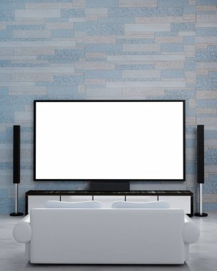 Ev sineması tuğlalı mermer desenli duvar kâğıdı insanlar olmadan. Oturma odasındaki Mini Ev Tiyatrosu için ekran TV ve ses ekipmanları. Mermer zeminde beyaz kanepe. 3B Hazırlama.