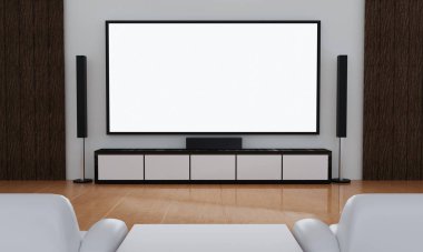 Ev sineması beyaz alçı duvarda. Mini Ev Tiyatrosu için büyük ekran televizyon ve ses ekipmanları kullanılıyor. Ahşap zeminde beyaz kanepe ve masa. 3B Hazırlama.