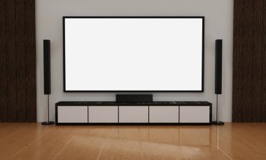 Ev sineması beyaz alçı duvarda. Mini Ev Tiyatrosu için büyük ekran televizyon ve ses ekipmanları kullanılıyor. Ahşap zeminde beyaz kanepe ve masa. 3B Hazırlama.