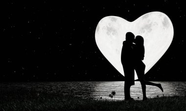 Siluet Aşıkları Romantik Öpüşüyor. Dolunay kalp çarpıntısı ve arka plan olarak gökyüzü dolu bir yıldız. Ayın yansıması nehre yansıyor. Romantizm ve evlilik teklifleri. 3B Hazırlama