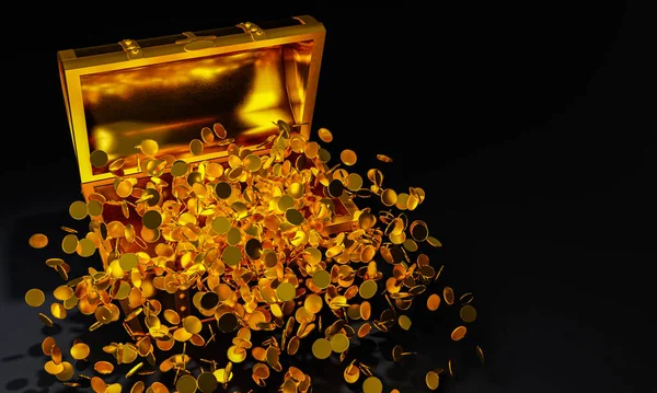 Viele Goldmünzen Flogen Aus Der Schatztruhe Eine Schatztruhe Aus Gold — Stockfoto