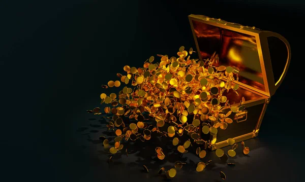 Muitos Distribuem Moedas Ouro Voadas Baú Tesouro Baú Tesouro Feito — Fotografia de Stock
