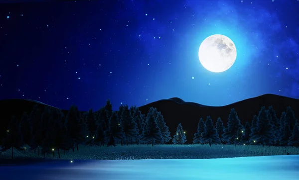 Prados Amplos Com Pinheiros Montanhas Alternam Fundo Noite Lua Cheia — Fotografia de Stock