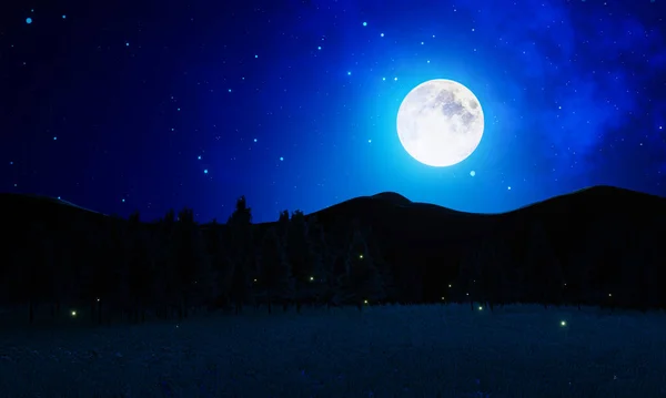 Wide Grasslands Pine Trees Mountains Alternate Background Full Moon Night — Stock Photo, Image