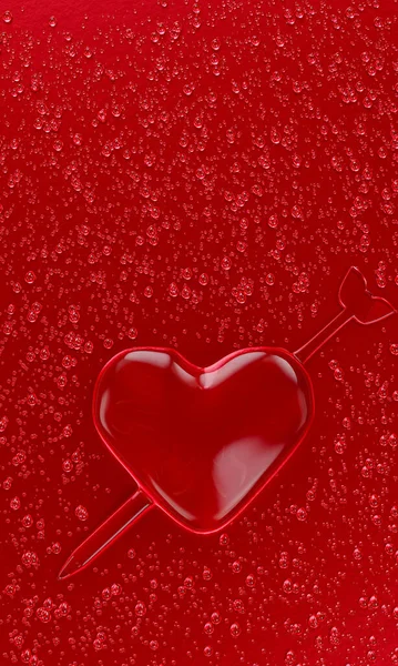 愛の意味で刺繍矢印と心の形で水滴 携帯電話の背景や壁紙のための赤と濃い赤の色合いの金属面上の液滴の多く 3Dレンダリング — ストック写真