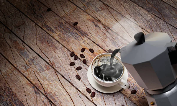 Kahve Bardağına Mocha Pot Tan Taze Kahve Espresso Dök Masanın — Stok fotoğraf