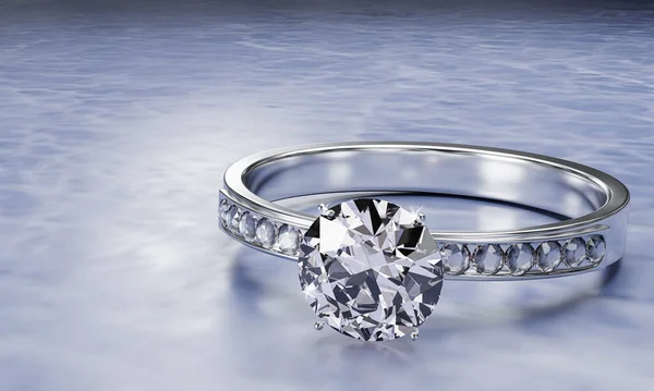 这颗大钻石被许多镶嵌在白金戒指上的钻石包围着 这些钻石镶嵌在灰色的背景上 漂亮的女性结婚戒指 3D渲染 — 图库照片