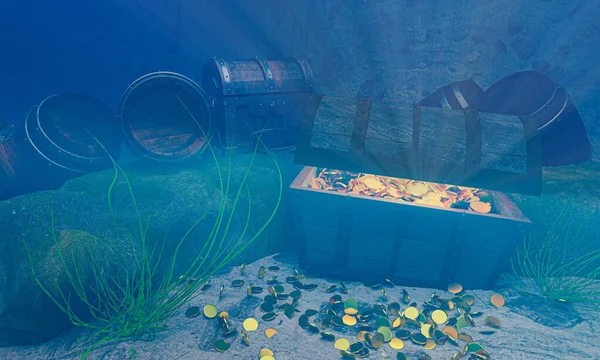 The old treasure chest sunk under the sea. The light shone out of the treasure chest. Under the sea atmosphere, there are rocks, sand, and treasure chest buried. 3D Rendering