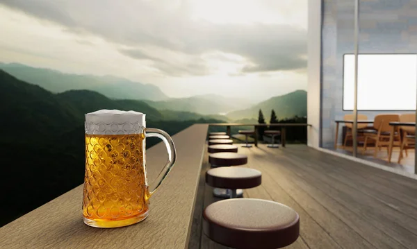 Ontwerp Knutsel Bier Helder Glas Met Bierschuim Erop Zet Houten — Stockfoto
