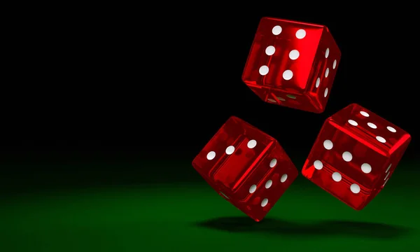 Transparent red dice are falling on the green felt table. The concept of dice gambling in casinos. 3D Rendering