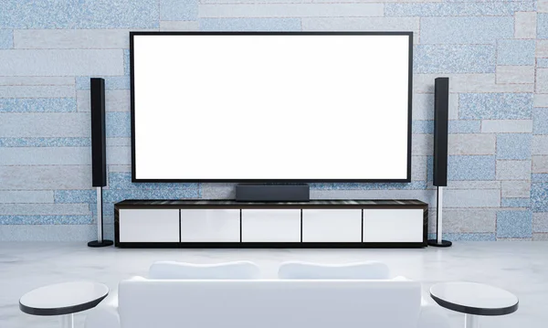 Ev sineması tuğlalı mermer desenli duvar kâğıdı insanlar olmadan. Oturma odasındaki Mini Ev Tiyatrosu için ekran TV ve ses ekipmanları. Mermer zeminde beyaz kanepe. 3B Hazırlama.