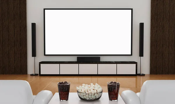 Ev sineması beyaz alçı duvarda. Mini Ev Tiyatrosu için büyük ekran televizyon ve ses ekipmanları kullanılıyor. Ahşap zeminde beyaz kanepe ve masa. Patlamış mısırlı kola ve buz. 3B Hazırlama.