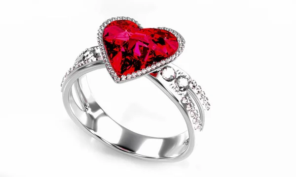 Large Red Diamond Heart Shape Surrounded Many Diamonds Ring Made — Stock Photo, Image