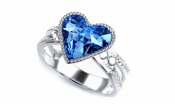 大きなブルーのダイヤモンドのハート型は グレーの背景に置かれたプラチナゴールド製のリングの上に多くのダイヤモンドに囲まれています 女性のためのエレガントな結婚指輪 3Dレンダリング — ストック写真