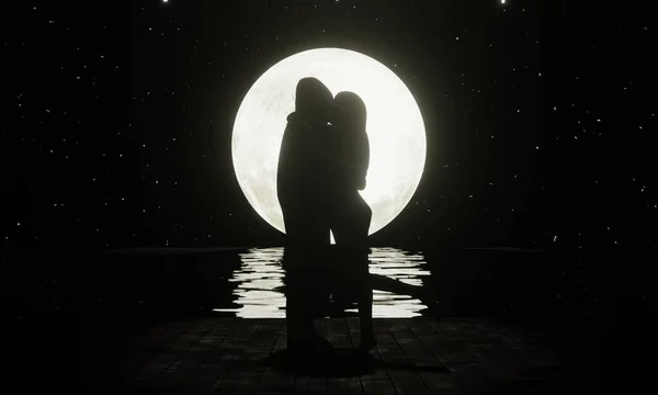 Silhouette Lovers Kissing Romanticly Υπάρχει Μια Πανσέληνος Και Ένα Αστέρι — Φωτογραφία Αρχείου