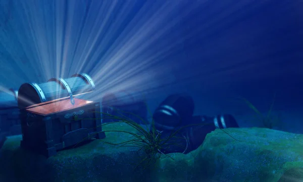 The old treasure chest sunk under the sea. The light shone out of the treasure chest. Under the sea atmosphere, there are rocks, sand, and treasure chest buried. 3D Rendering