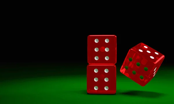 Průhledné Červené Kostky Padají Zelený Plstěný Stůl Koncept Hazardních Her — Stock fotografie