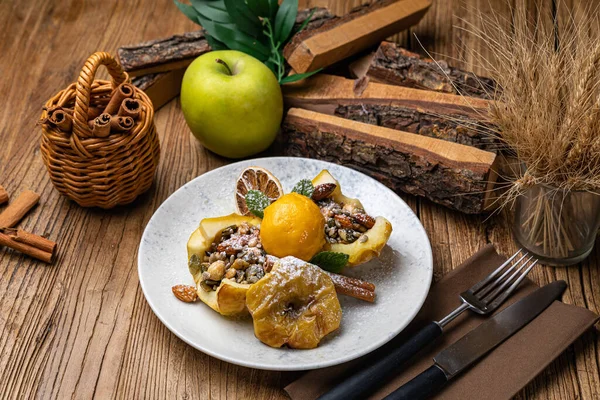 Pera Horno Con Canela Manzana Manzanas Miel Peras Plato — Foto de Stock