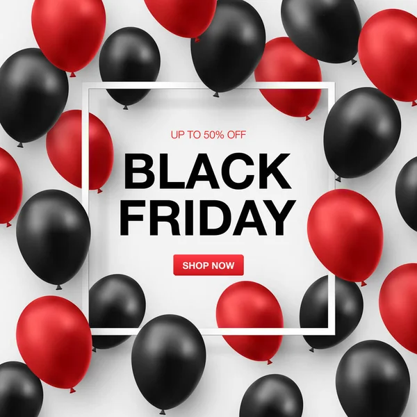 Black Friday Sale Poster Shiny Black Red Balloons White Background — Stock Vector
