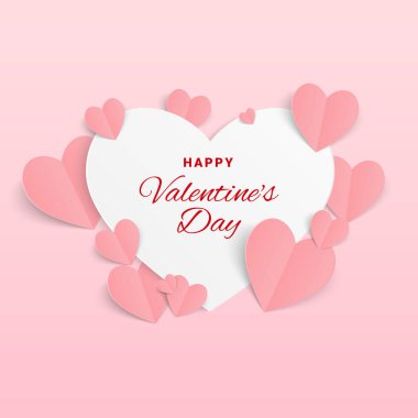 Pembe arka planda kağıt kalpler olan sevgililer günü kartpostalı. Sevgililer Günü tebrik kartı tasarımı için aşkın sembolleri. Vektör illüstrasyonu.