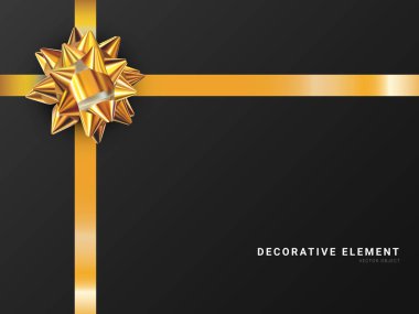 Siyah arka planda izole edilmiş gerçekçi vektör yayı. Kartlar, sunum, sevgililer günü, Noel ve doğum günü illüstrasyonları için altın hediyeler.