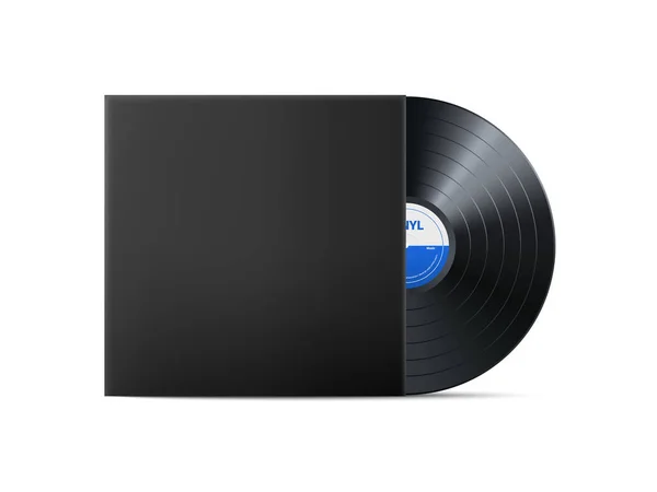 ブラック ビニール レコード カバーモックアップ付きのリアルなヴィンテージ蓄音機ディスク レトロなデザイン ベクターイラスト — ストックベクタ