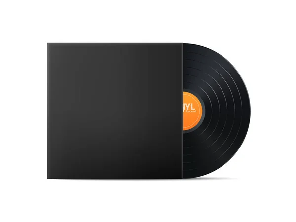ブラック ビニール レコード カバーモックアップ付きのリアルなヴィンテージ蓄音機ディスク レトロなデザイン ベクターイラスト — ストックベクタ