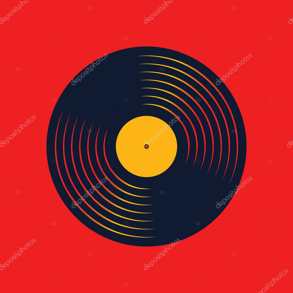 Vinyl music record. Design of retro audio disk. Vintage gramophone disc with cover mockup. Vector illustration.