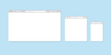 Web tarayıcı pencere şablonu. Web sitesi tarayıcısı farklı aygıtlar. Vektör illüstrasyonu.