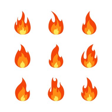 Fire flame cartoon set. Collection of hot flaming element. Vector flat illustration. clipart