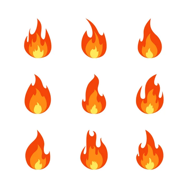 Fire Flame Cartoon Set Collection Hot Flaming Element Vector Flat — Stock Vector