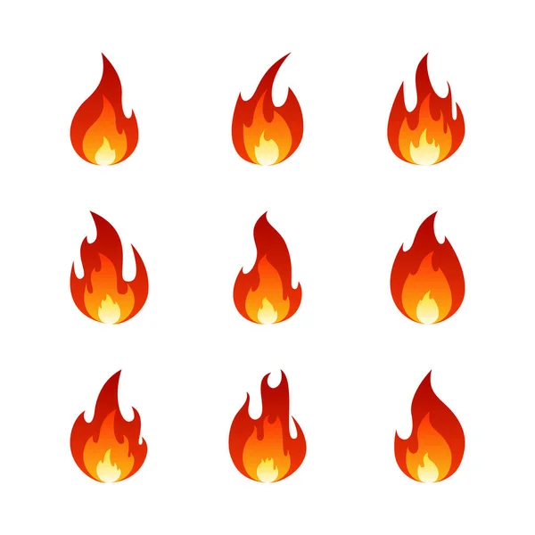 Fire Flame Cartoon Set Collection Hot Flaming Element Vector Flat — Stock Vector