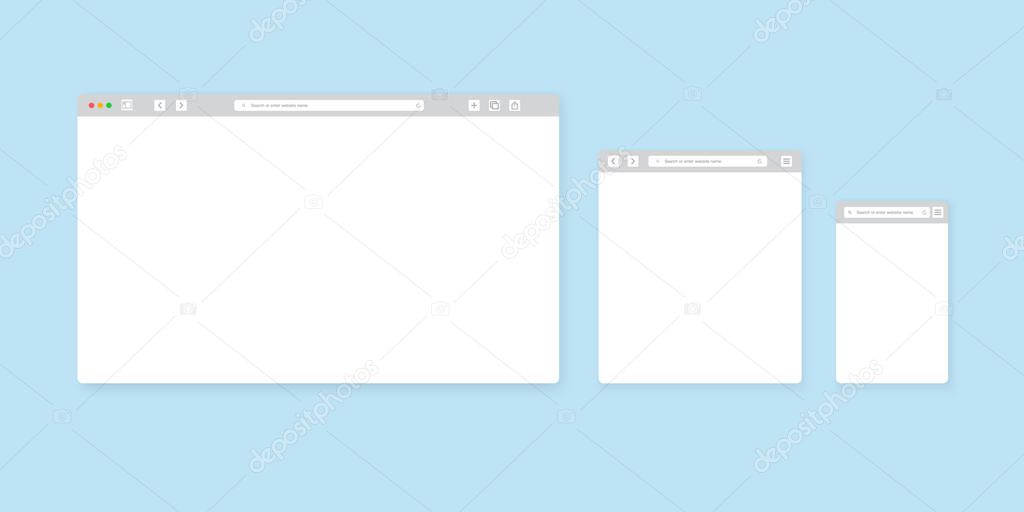 Web browser window template. Website browser different devices. Vector illustration.