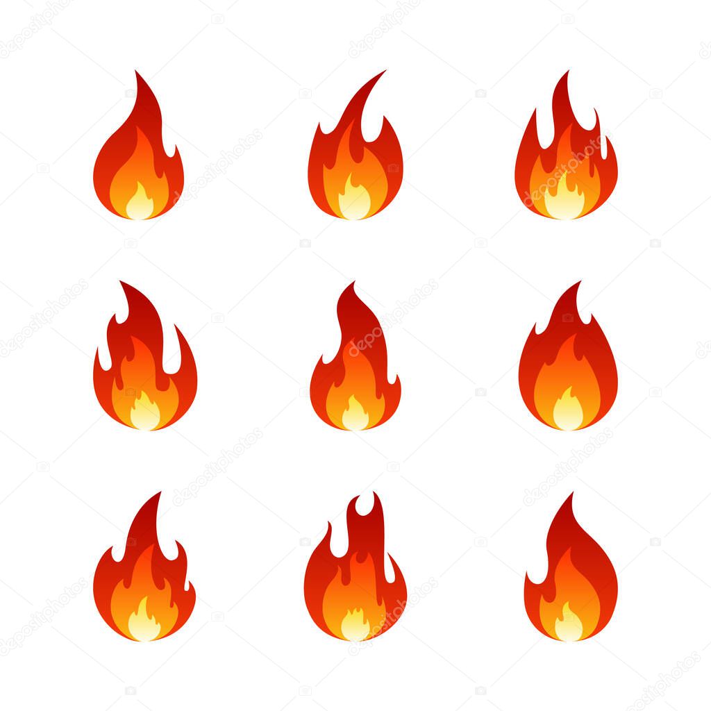 Fire flame cartoon set. Collection of hot flaming element. Vector flat illustration.